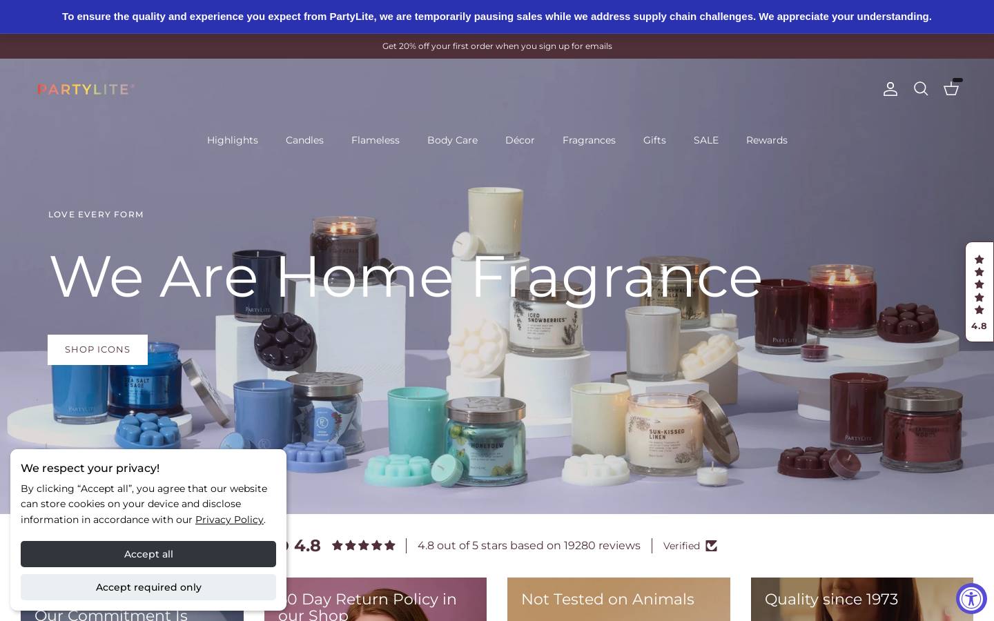 PartyLite homepage screenshot