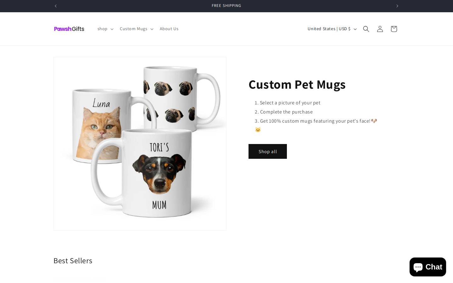 pawshgifts.com homepage screenshot