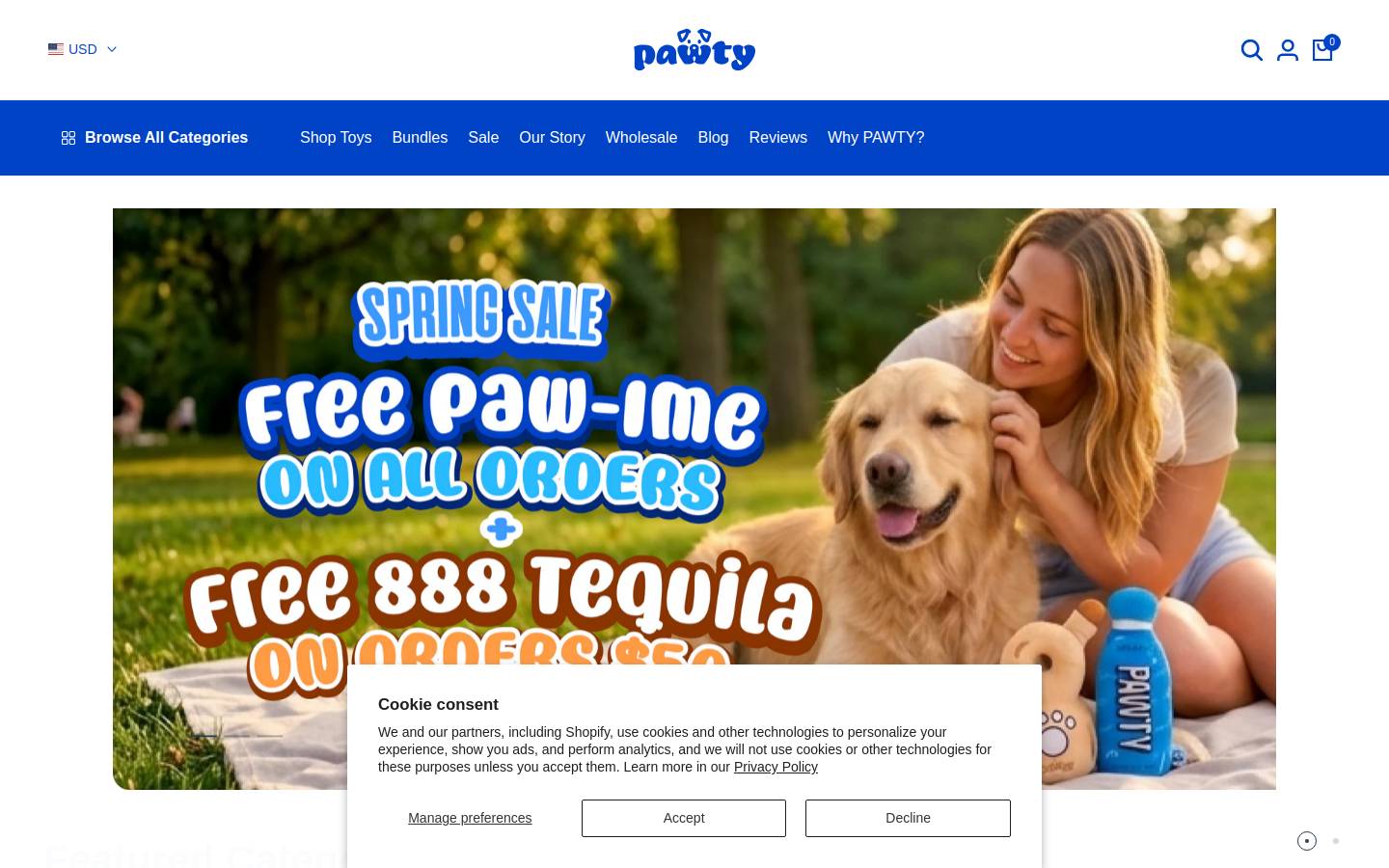 pawtydogtoys.com homepage screenshot