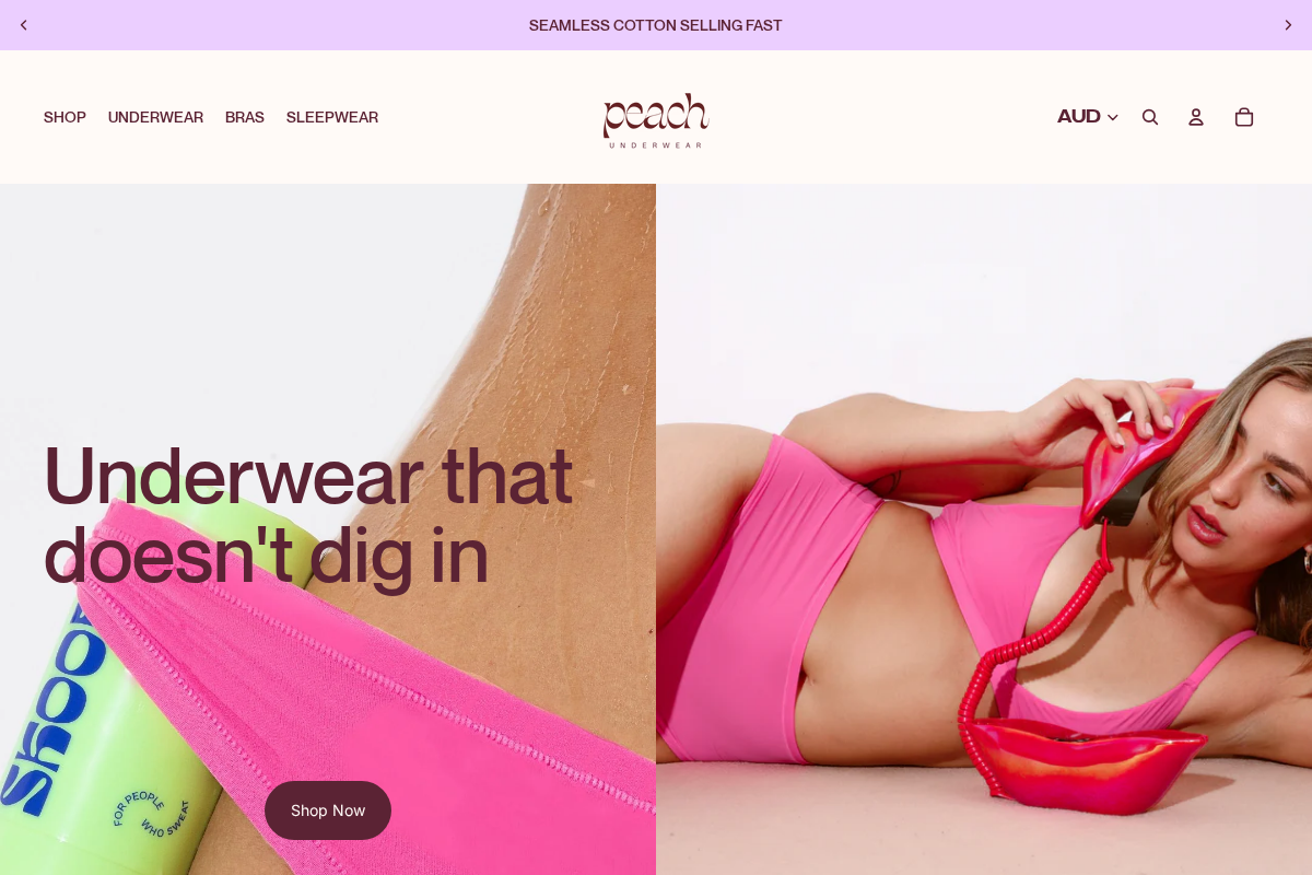 Peach Underwear homepage screenshot