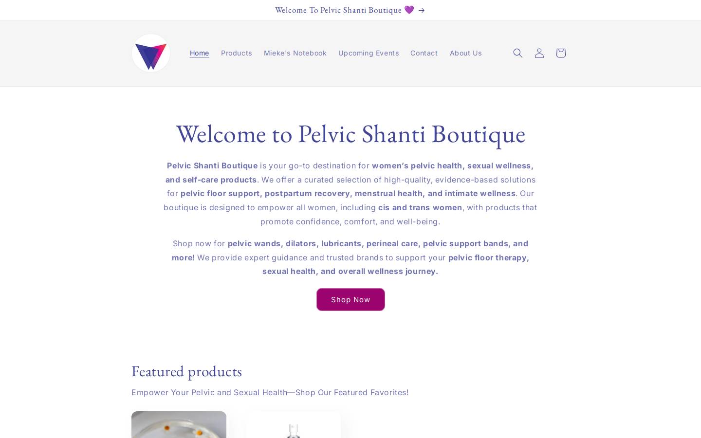 pelvicshantiboutique.com homepage screenshot