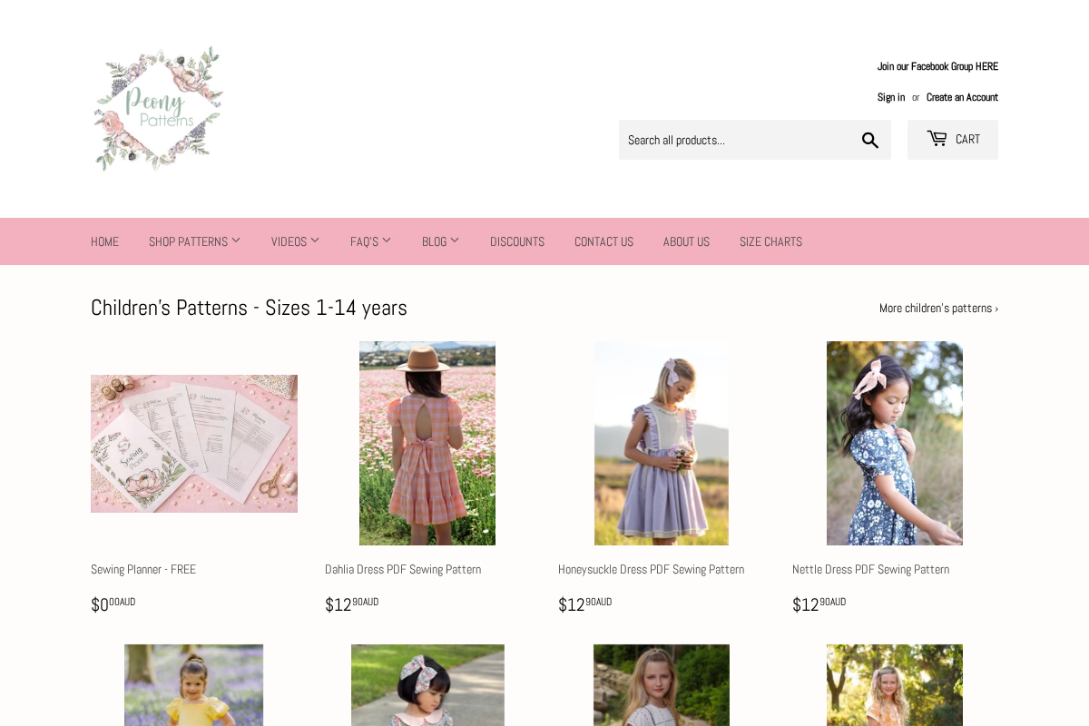 Peony Patterns homepage screenshot