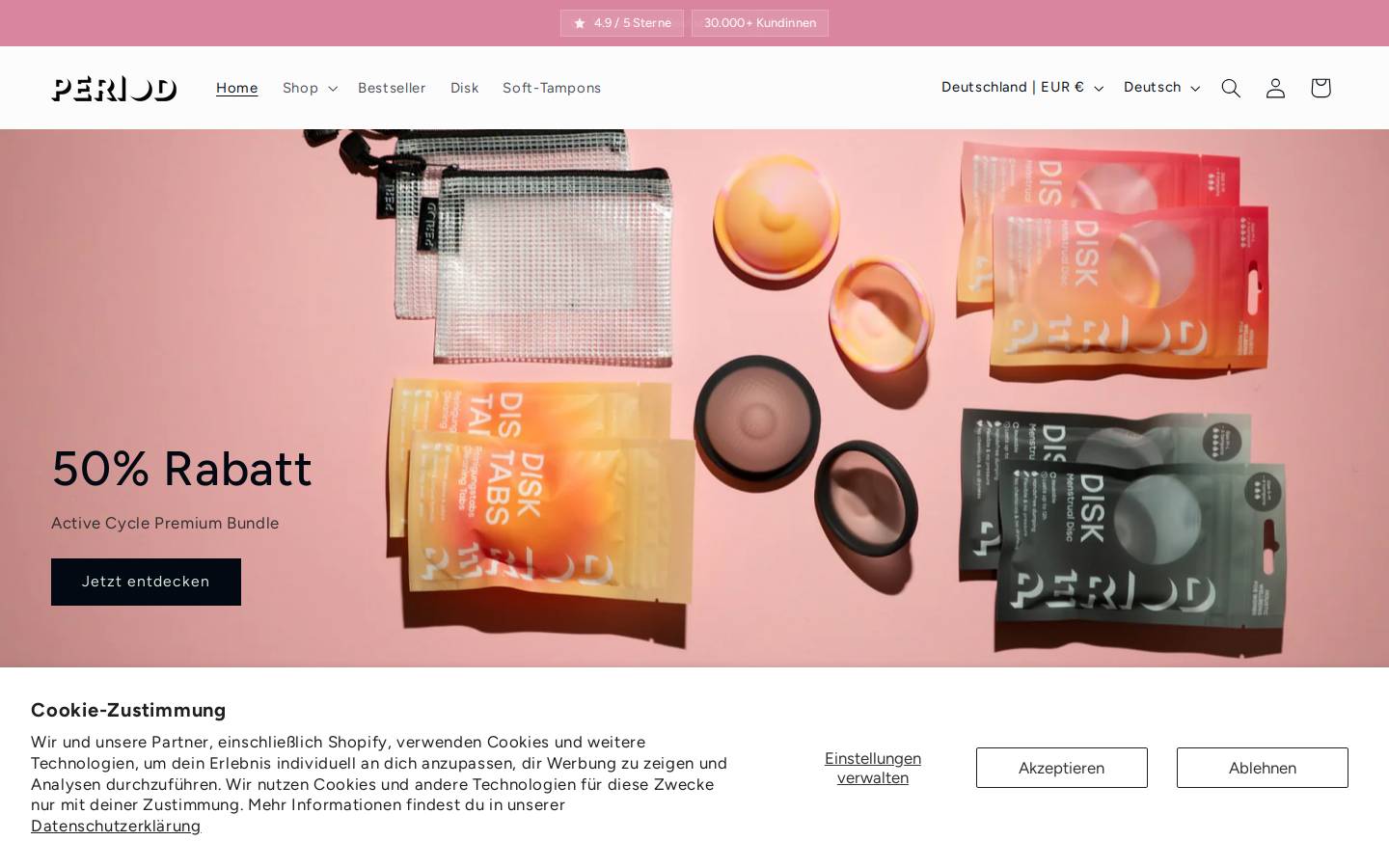 PERIOD – Deine Zykluspflege | period.ch homepage screenshot