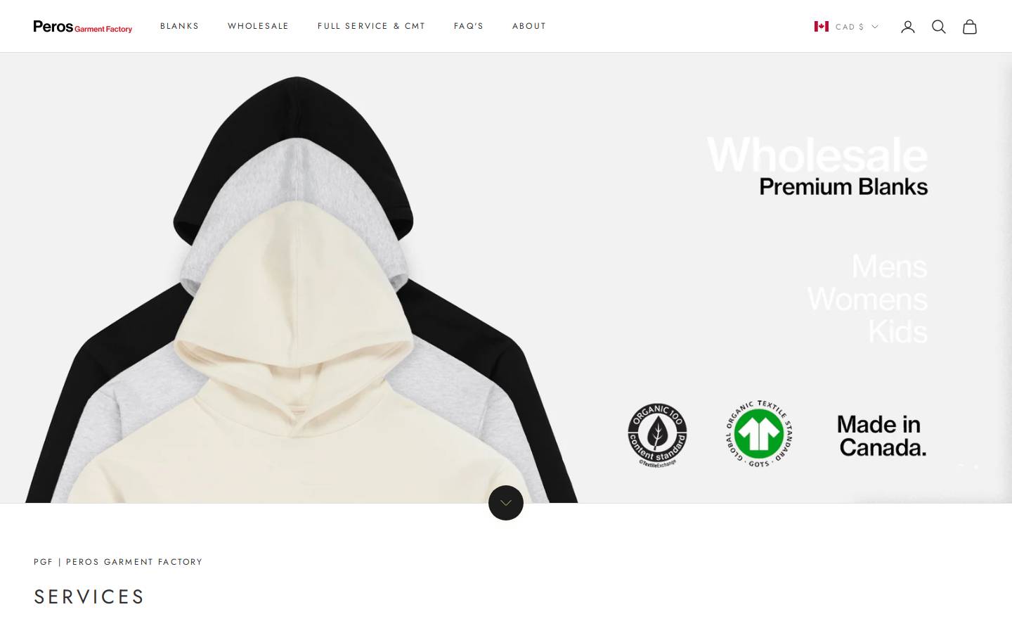 perosgarmentfactory.com homepage screenshot