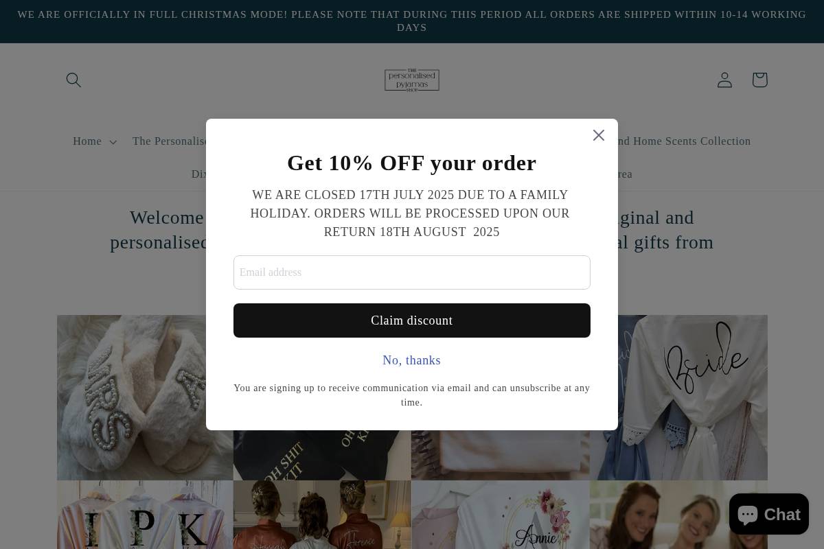 personalisedpyjamasshop.com homepage screenshot