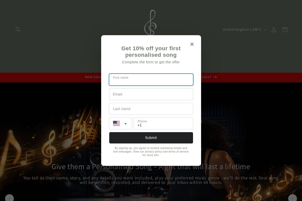 Personalisedsong homepage screenshot