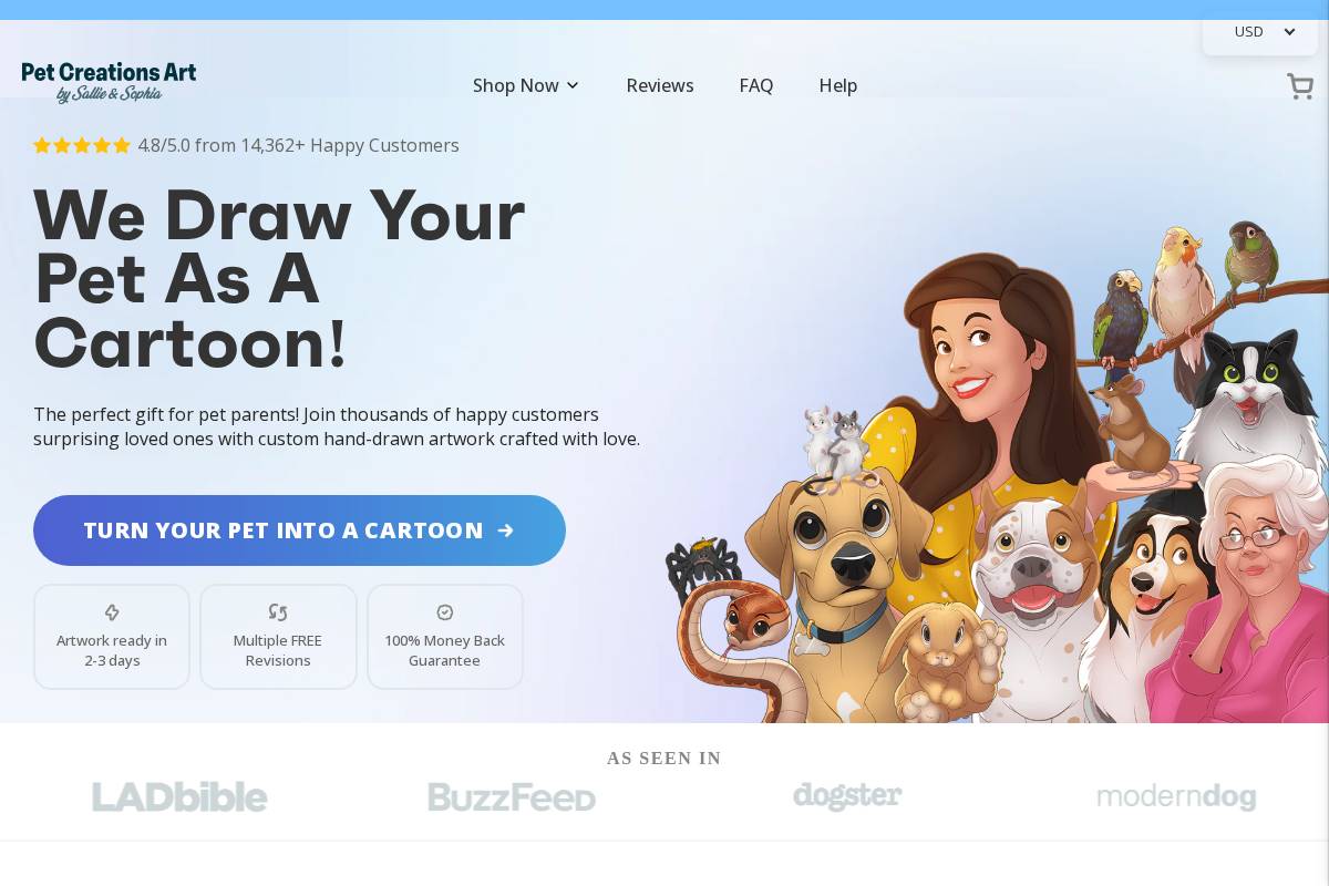 Pet Creations Art homepage screenshot
