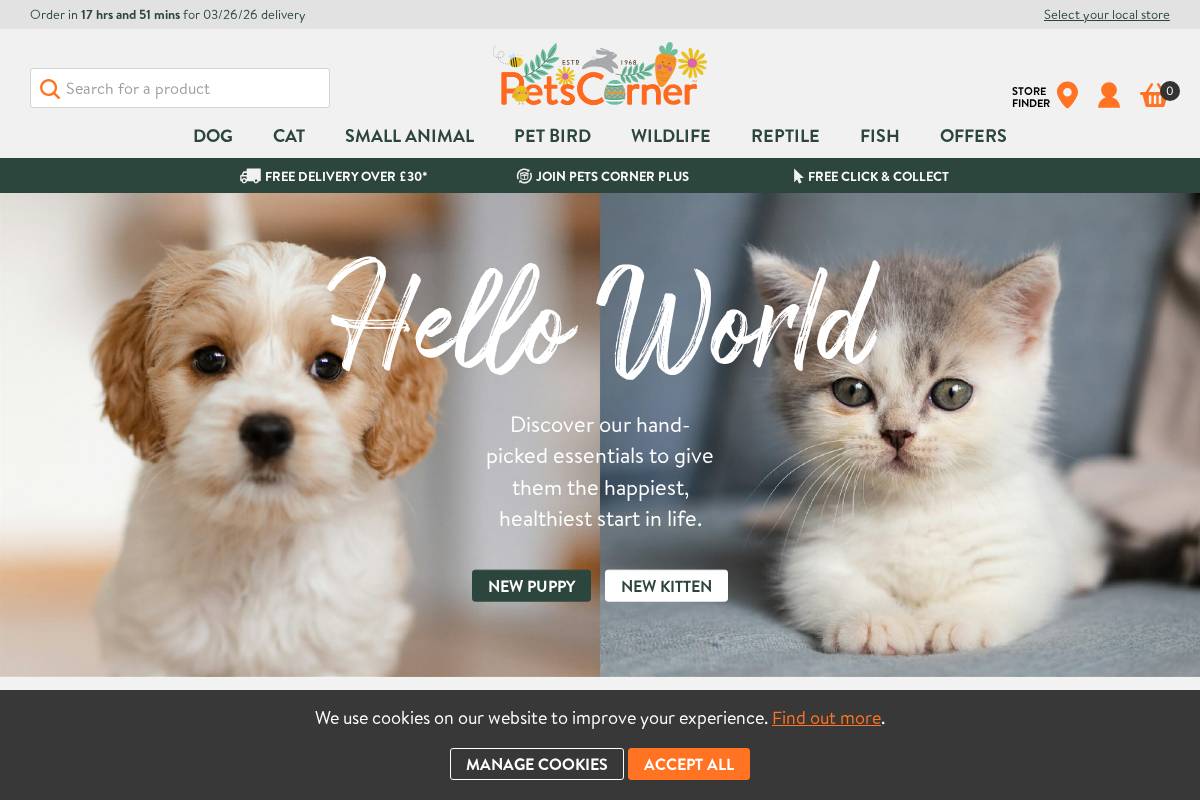 Pets Corner homepage screenshot