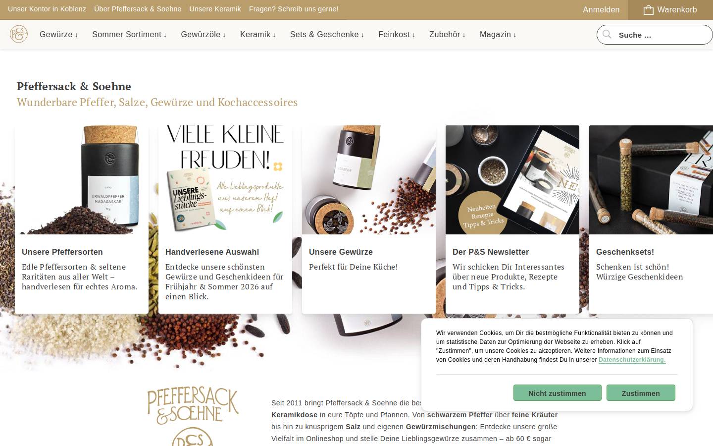 pfeffersack-gewuerze.de homepage screenshot