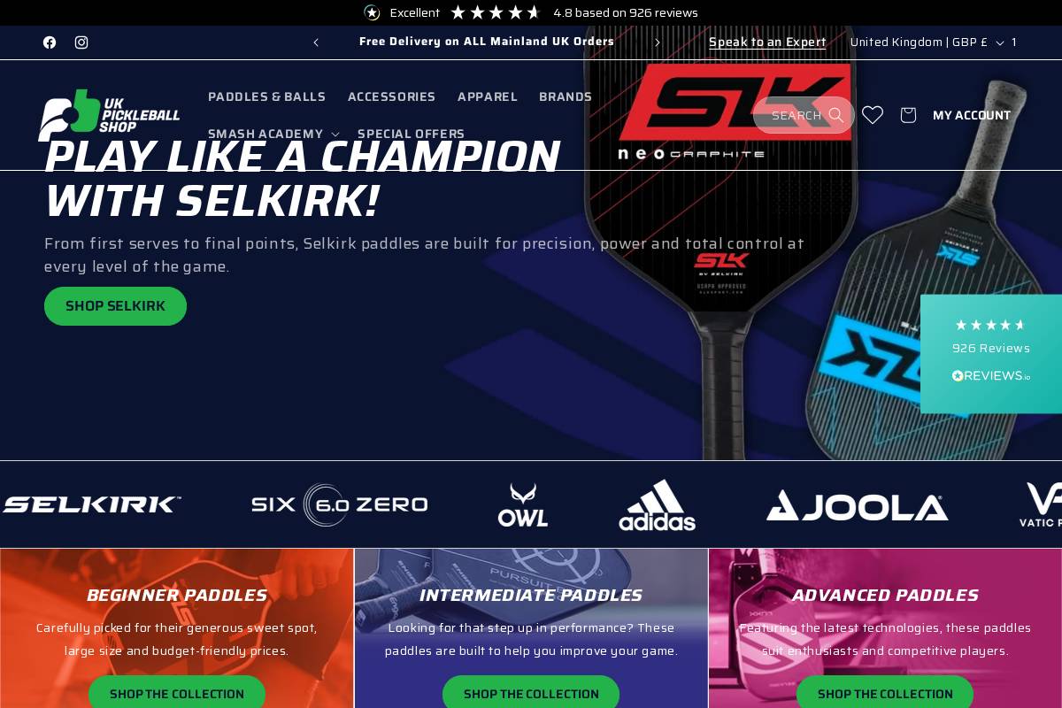 UK Pickleball Shop homepage screenshot