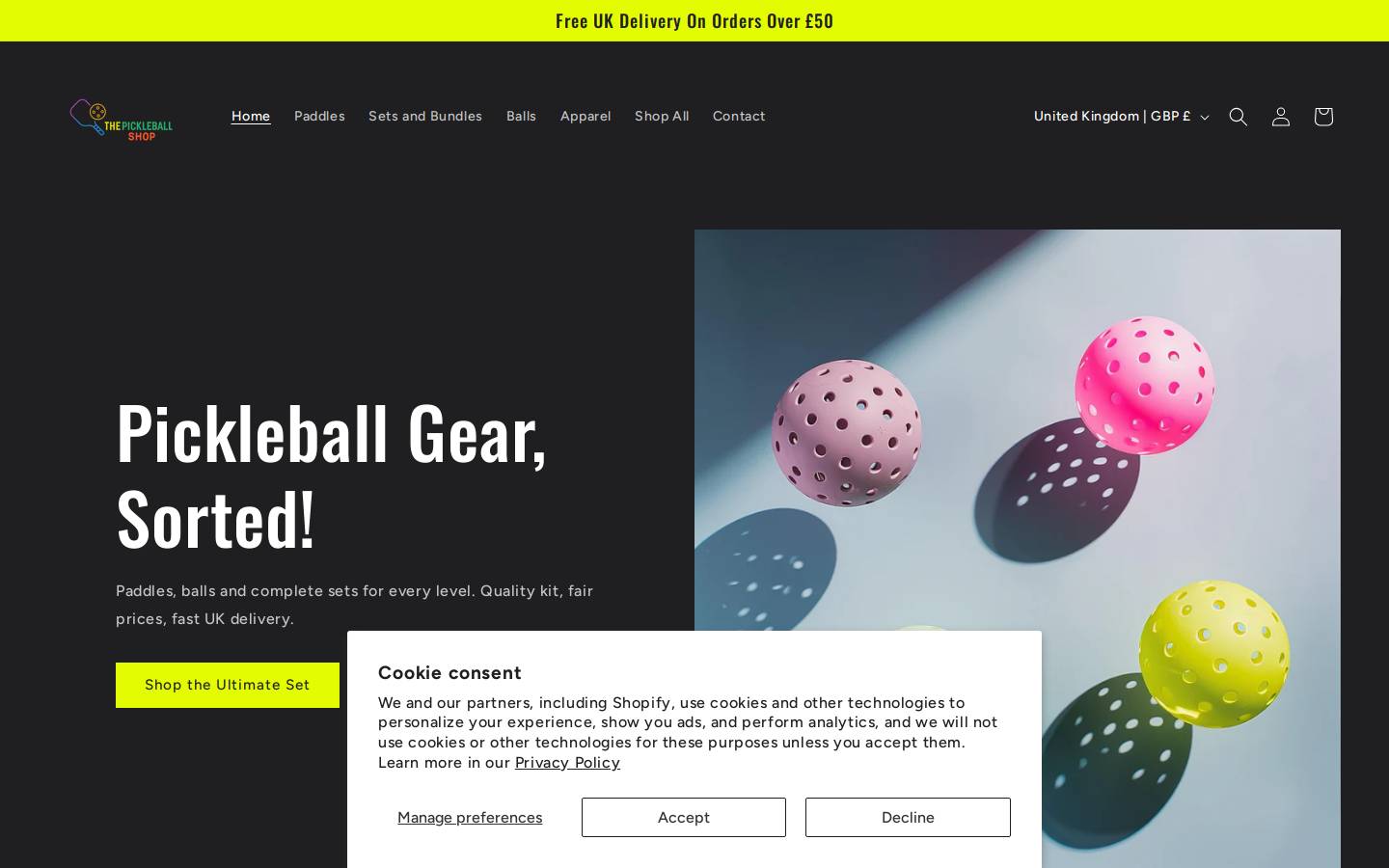pickleballequipmentstore.com homepage screenshot