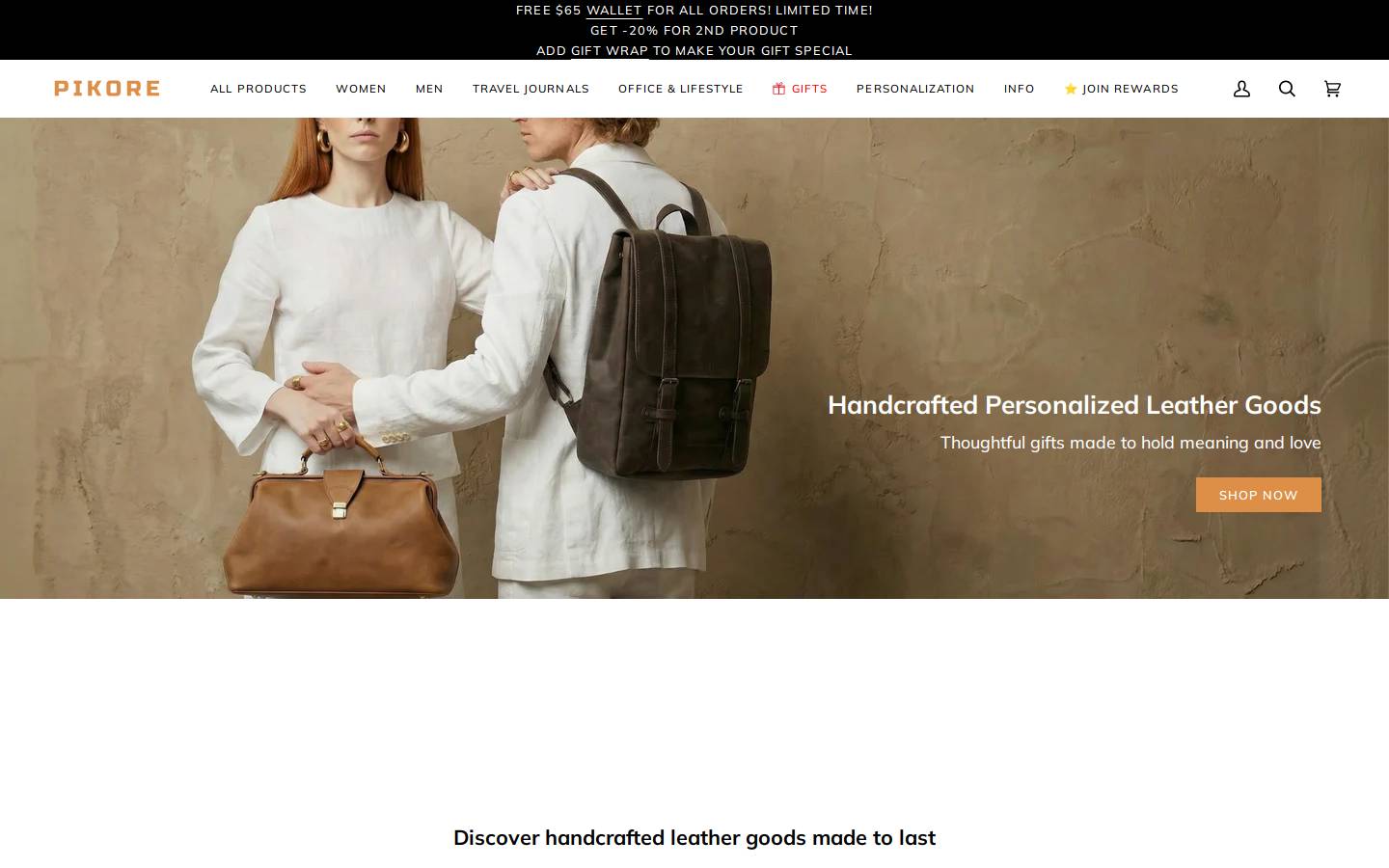 Pikore Leather homepage screenshot