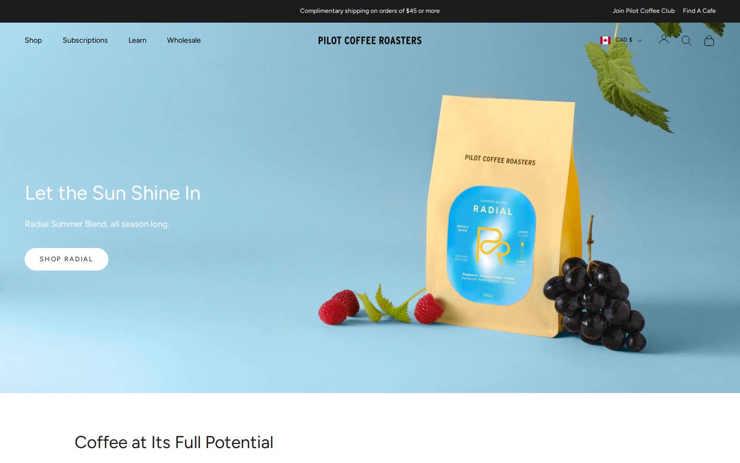 Pilot Coffee Roasters homepage screenshot