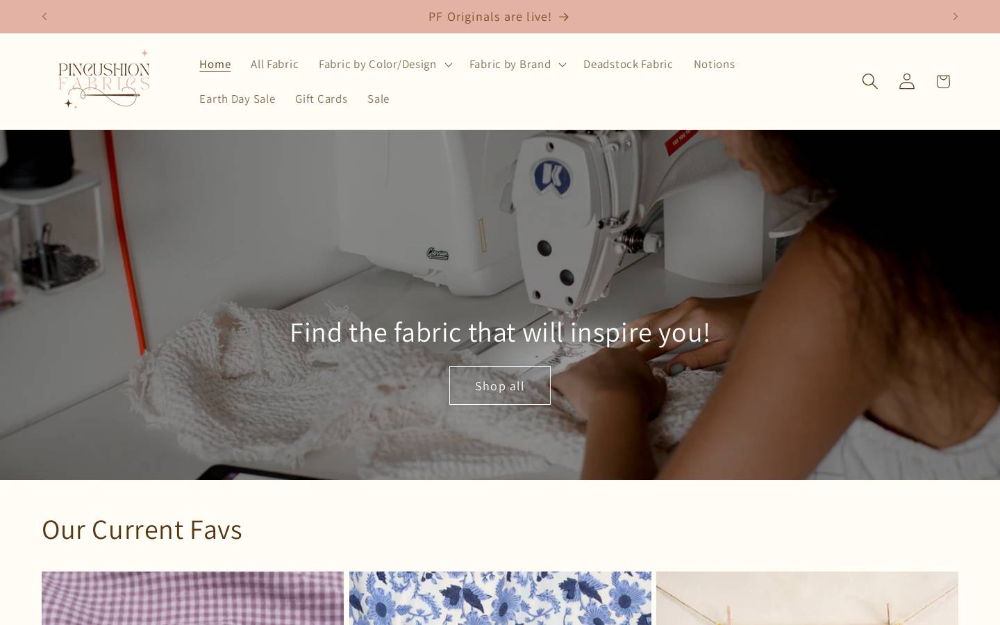 pincushionfabrics.com homepage screenshot