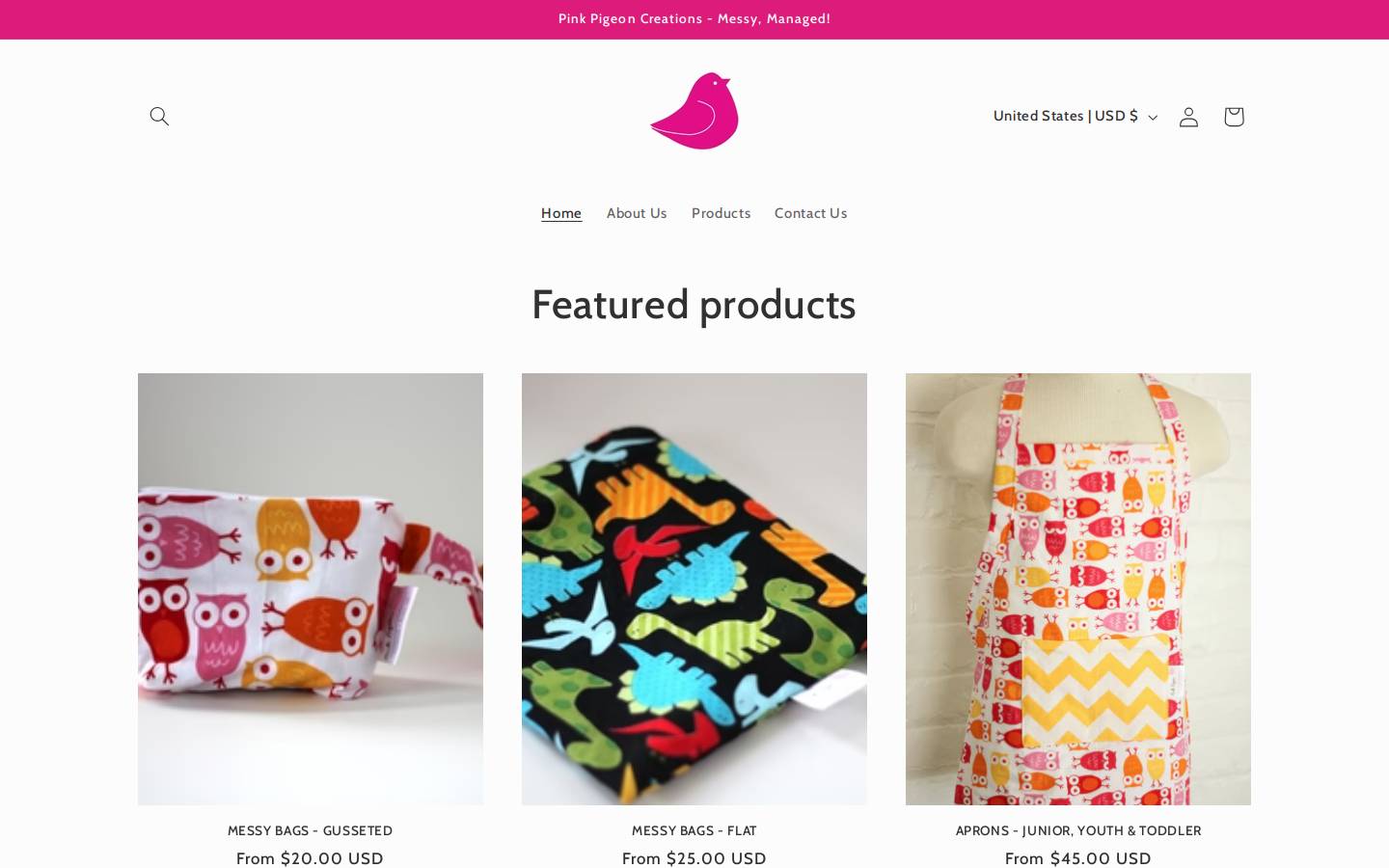 pinkpigeoncreations.com homepage screenshot