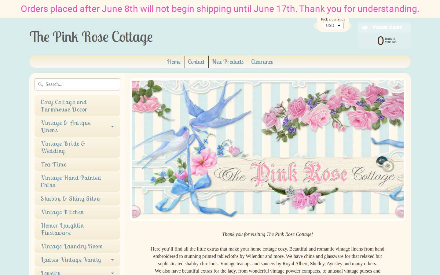 pinkrosecottage.com homepage screenshot