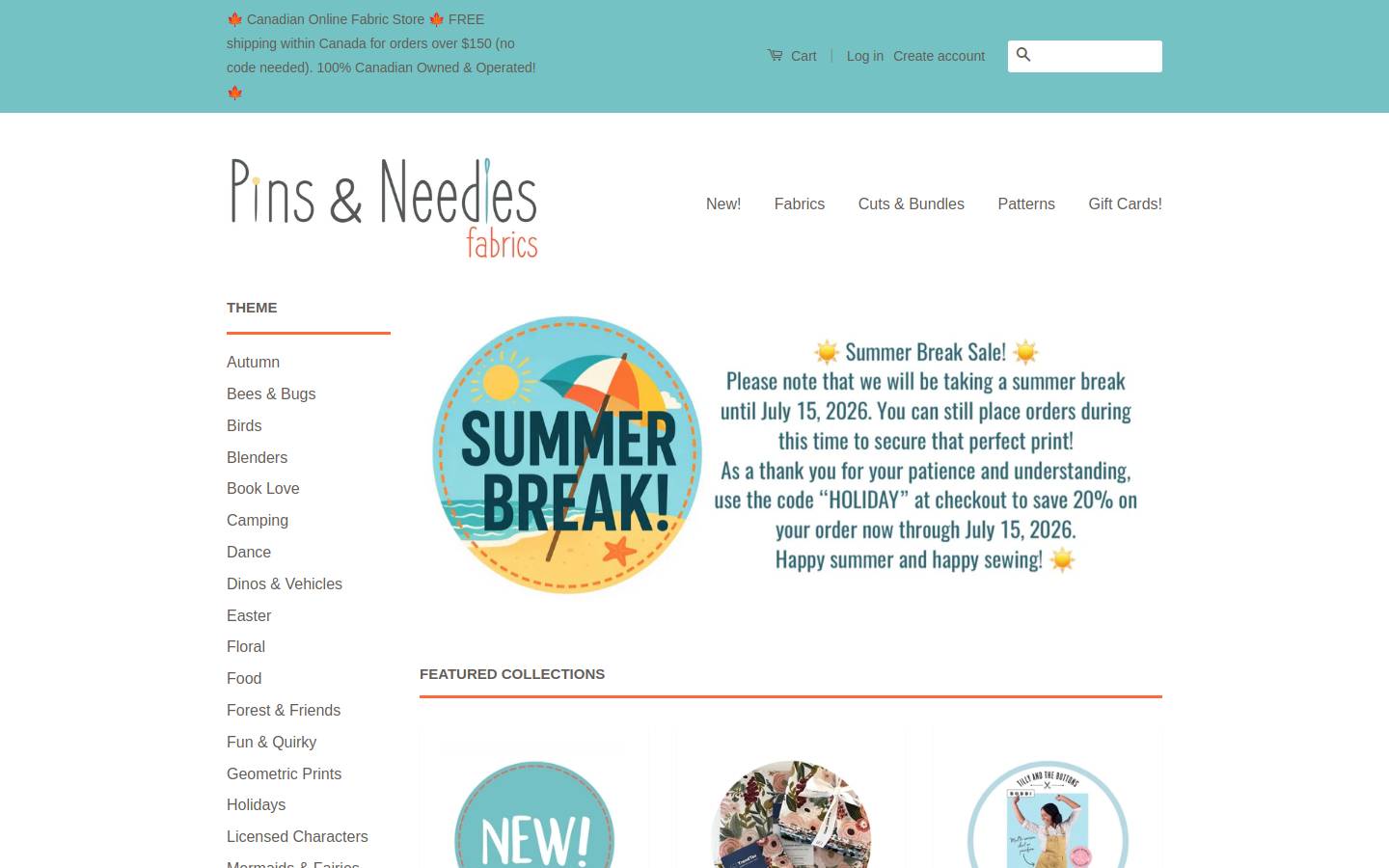 pinsandneedlesfabrics.ca homepage screenshot