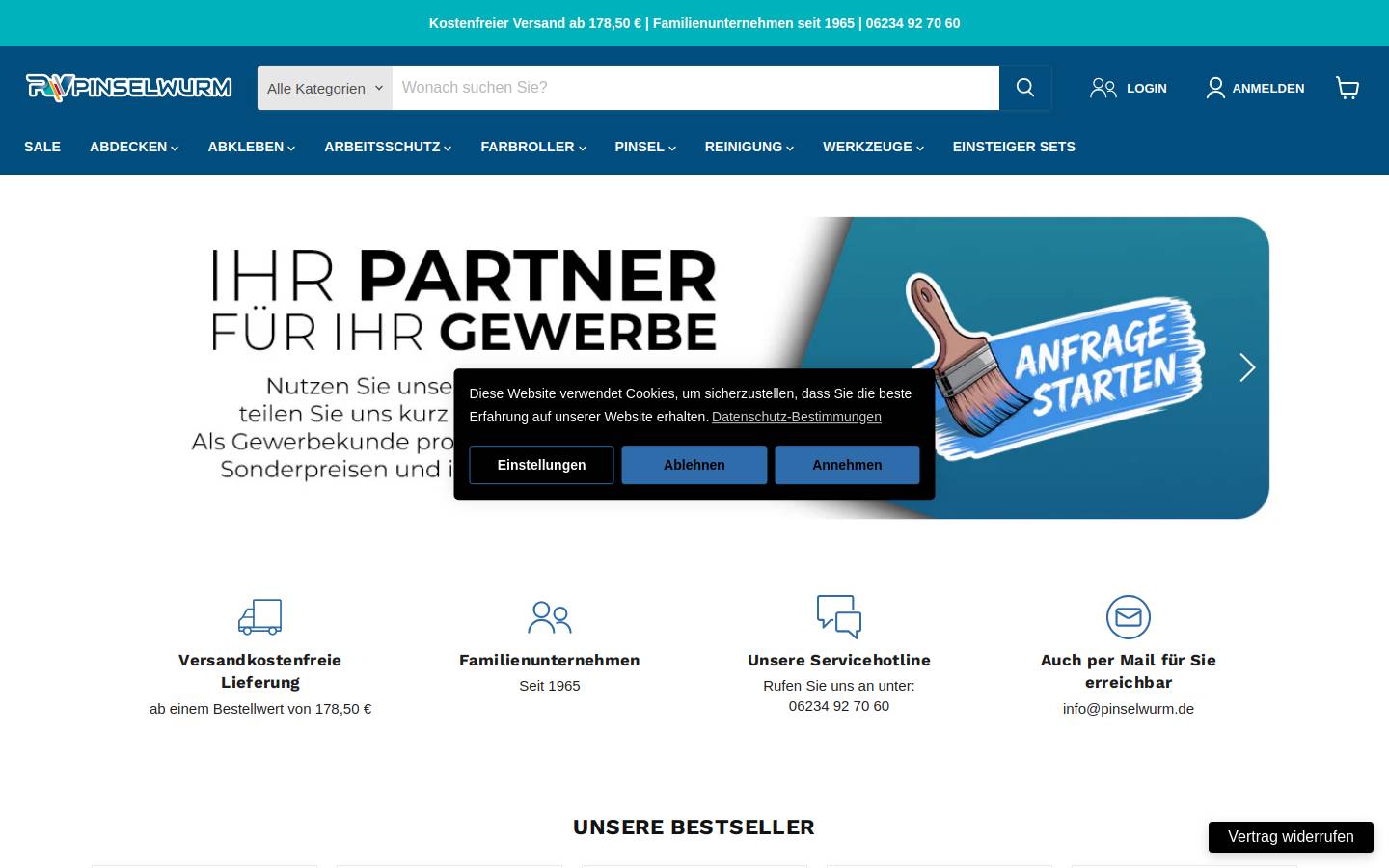 pinselwurm-shop.de homepage screenshot
