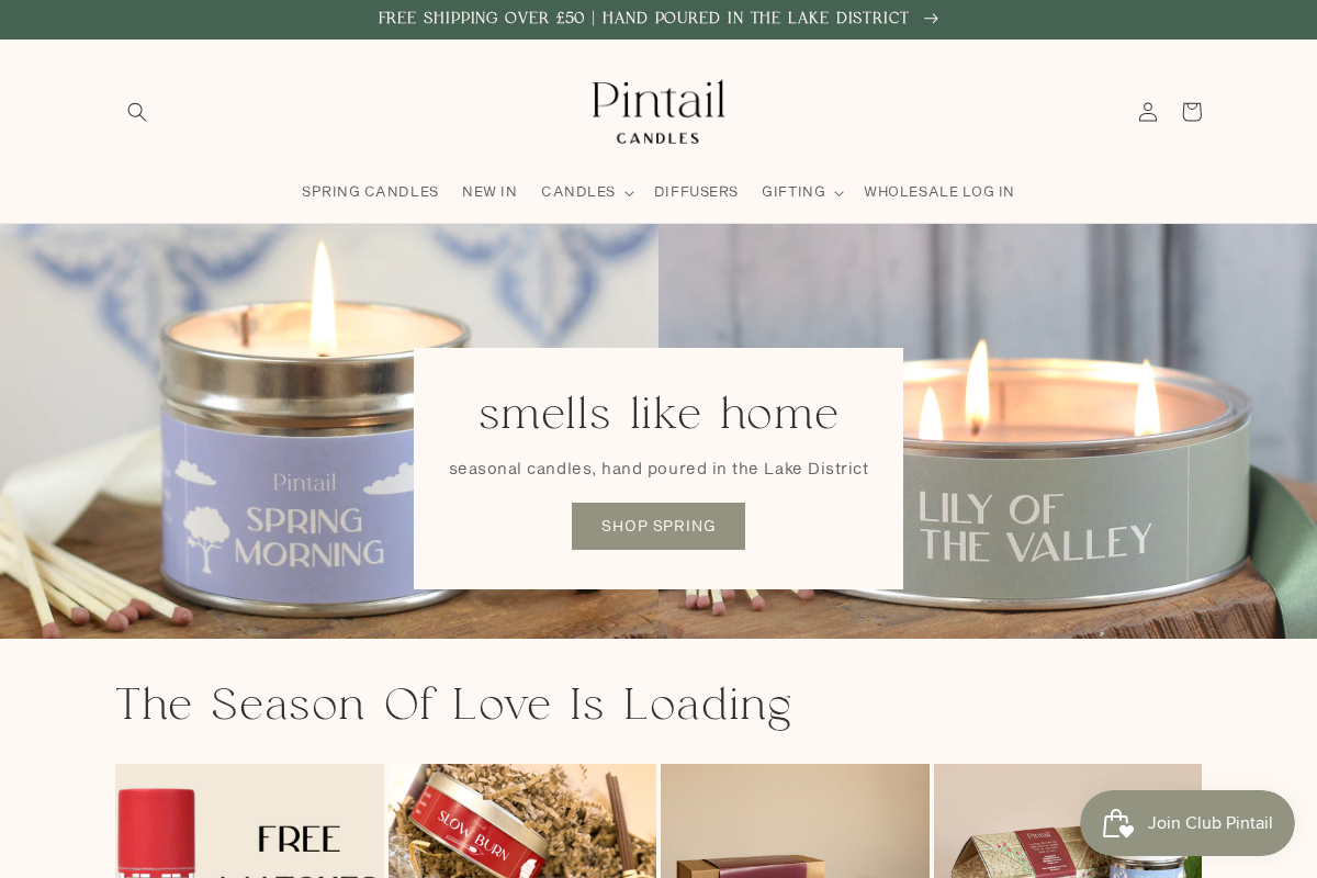 Pintailcandles homepage screenshot