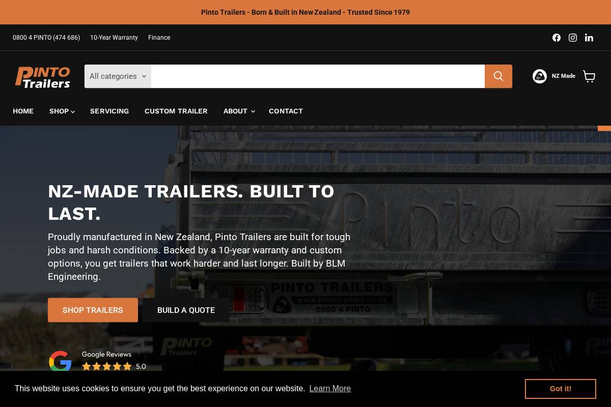 pintotrailers.co.nz homepage screenshot