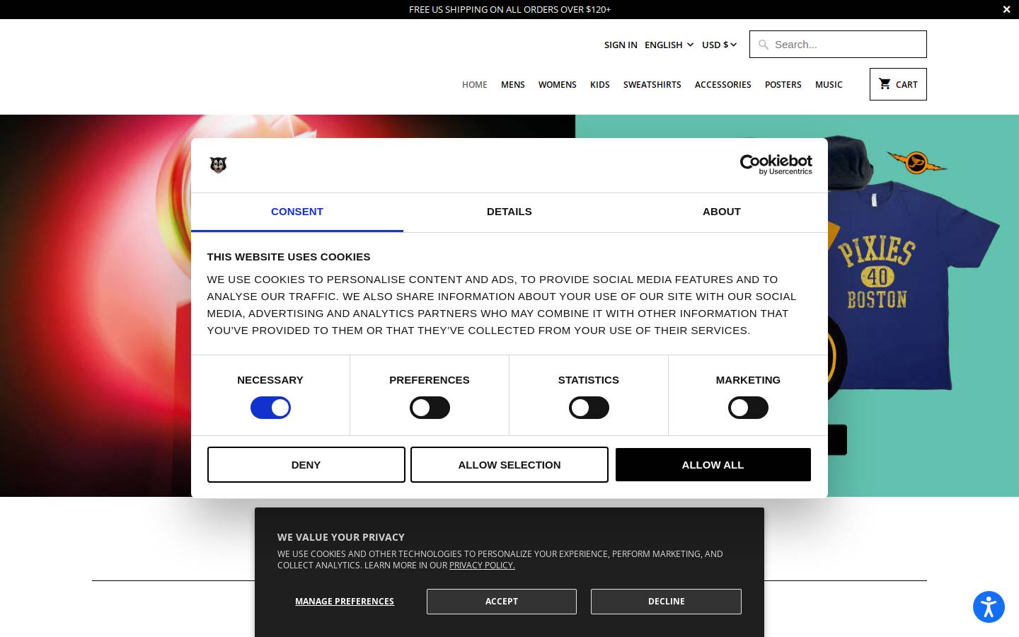 pixiesmerch.com homepage screenshot