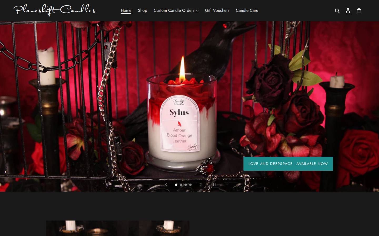 planeshiftcandles.com homepage screenshot