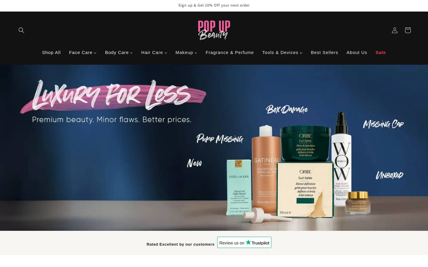 Pop Up Beauty homepage screenshot