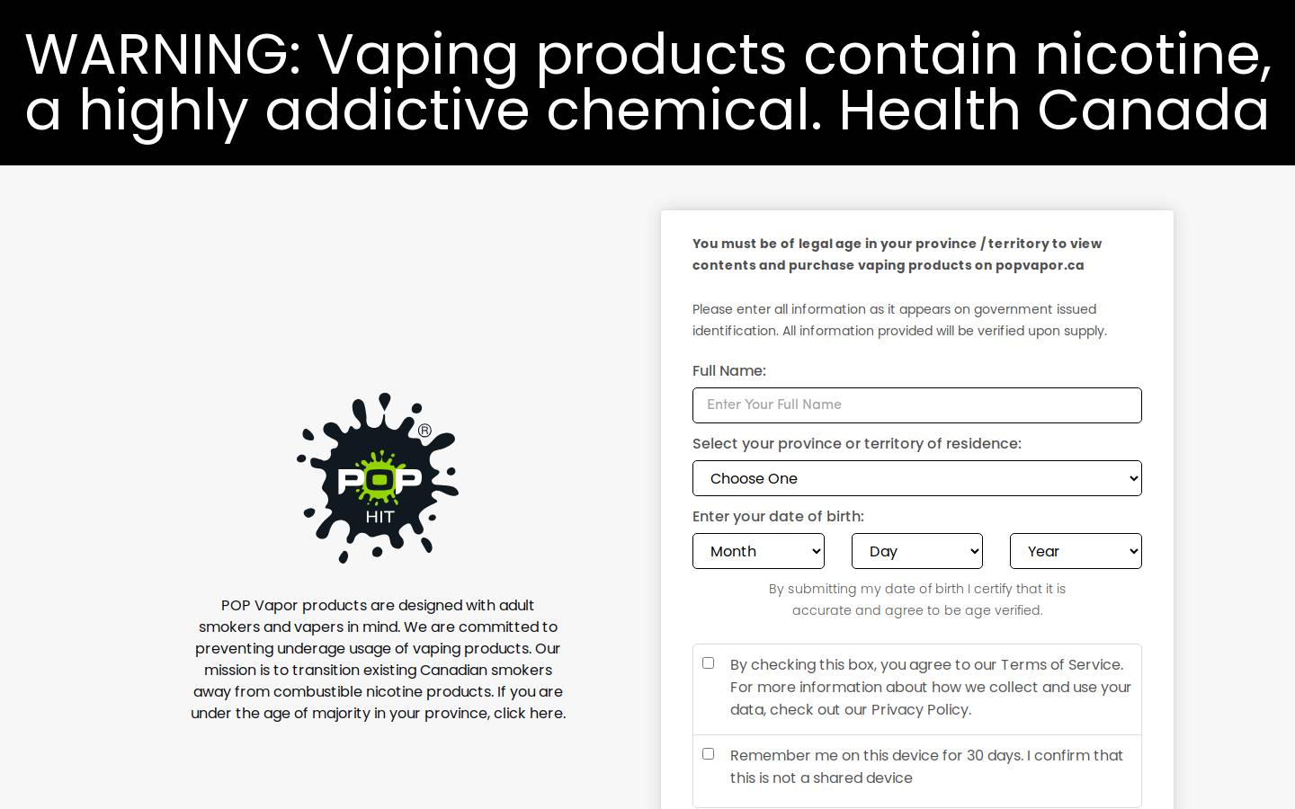 popvapor.ca homepage screenshot