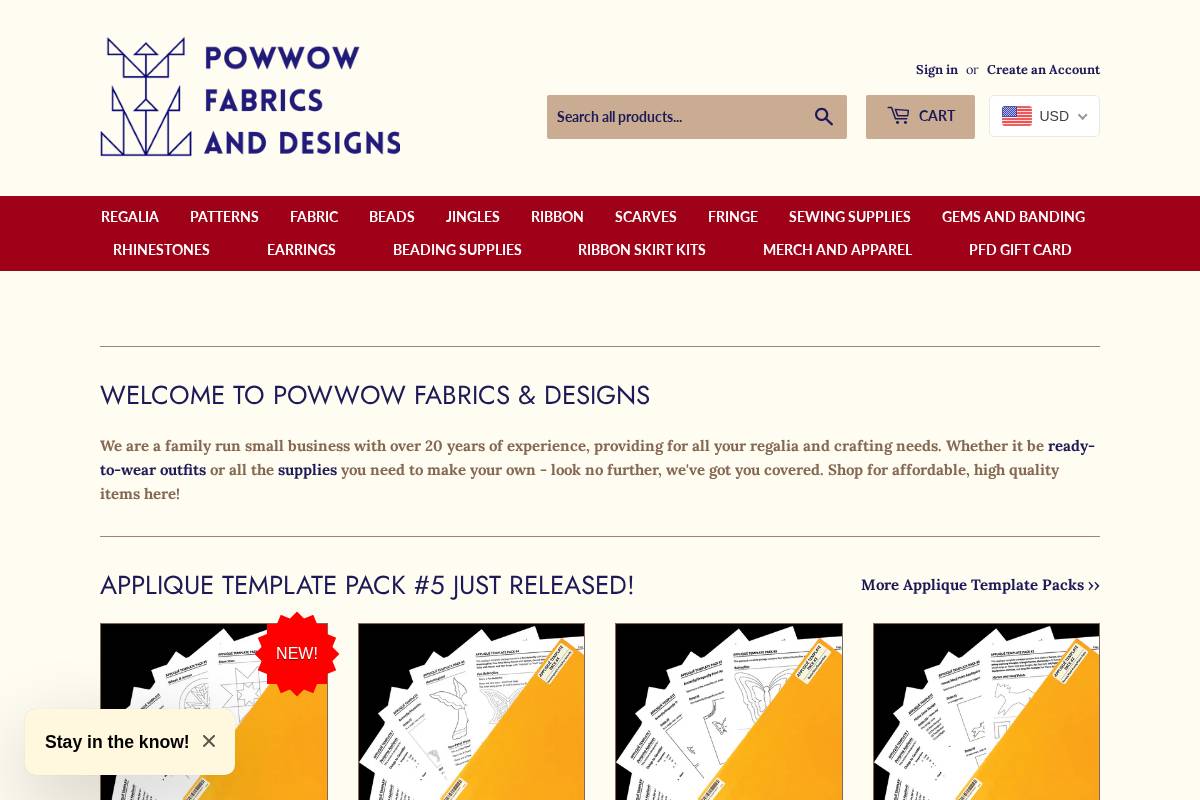 powwowfabrics.com homepage screenshot
