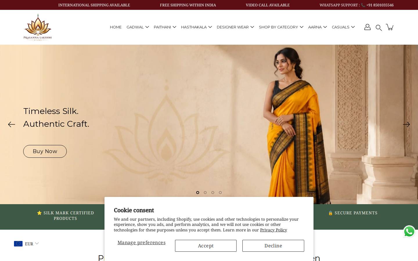 prasannalakshmisilks.com homepage screenshot