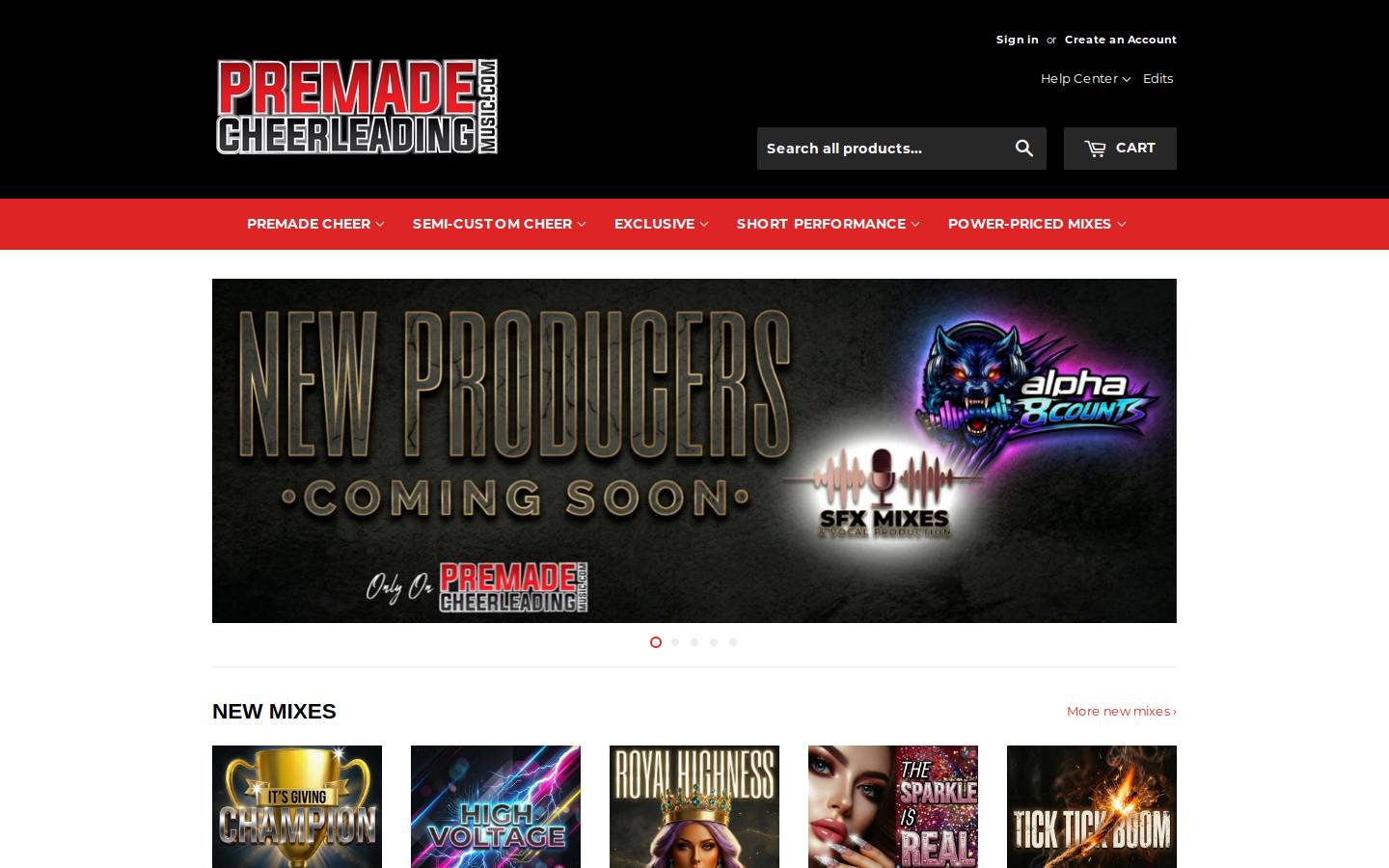 premadecheerleadingmusic.com homepage screenshot