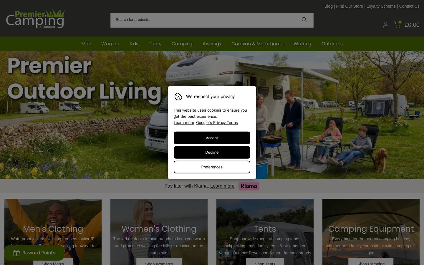 Premier Camping homepage screenshot