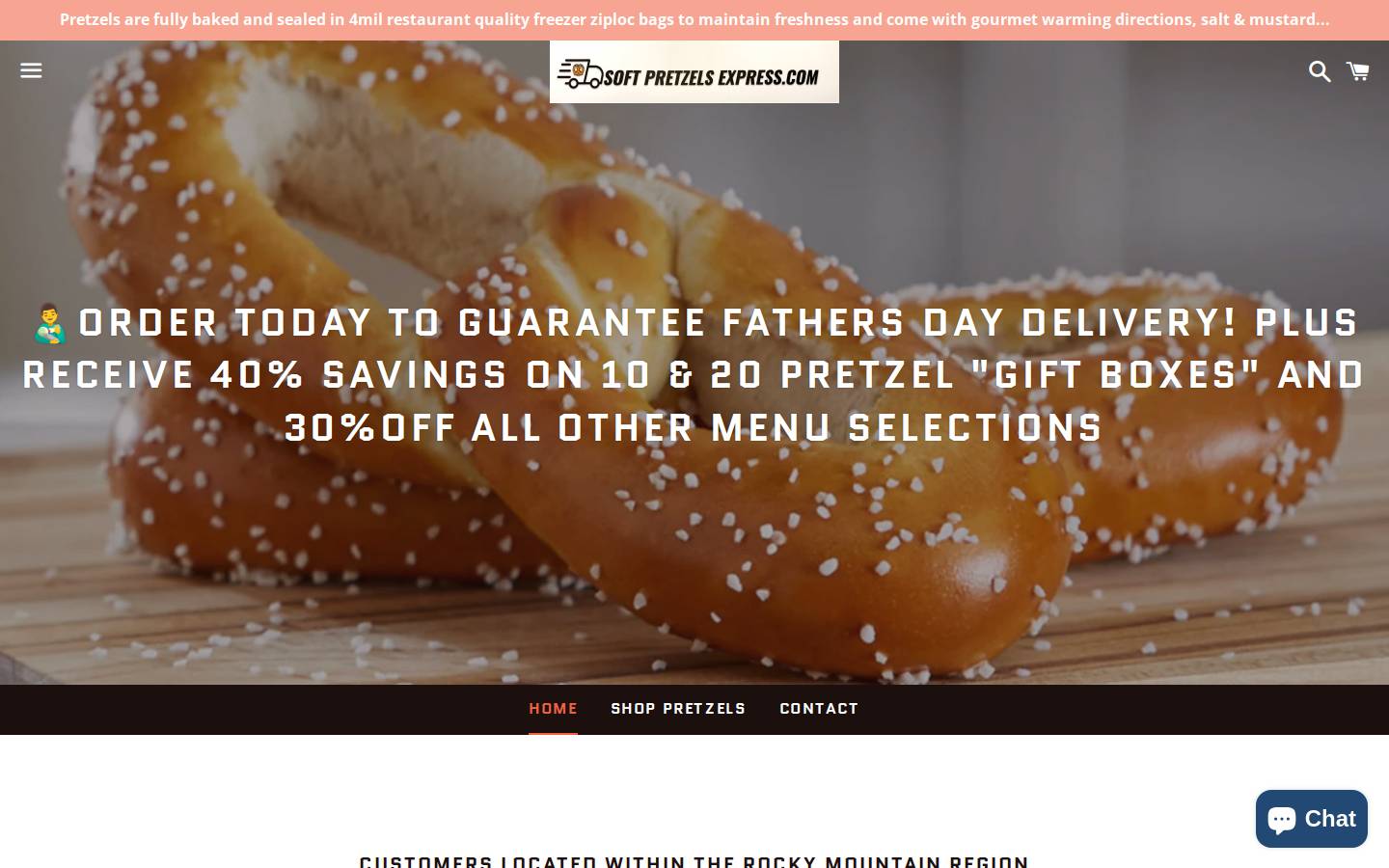 pretzelsdirect.com homepage screenshot