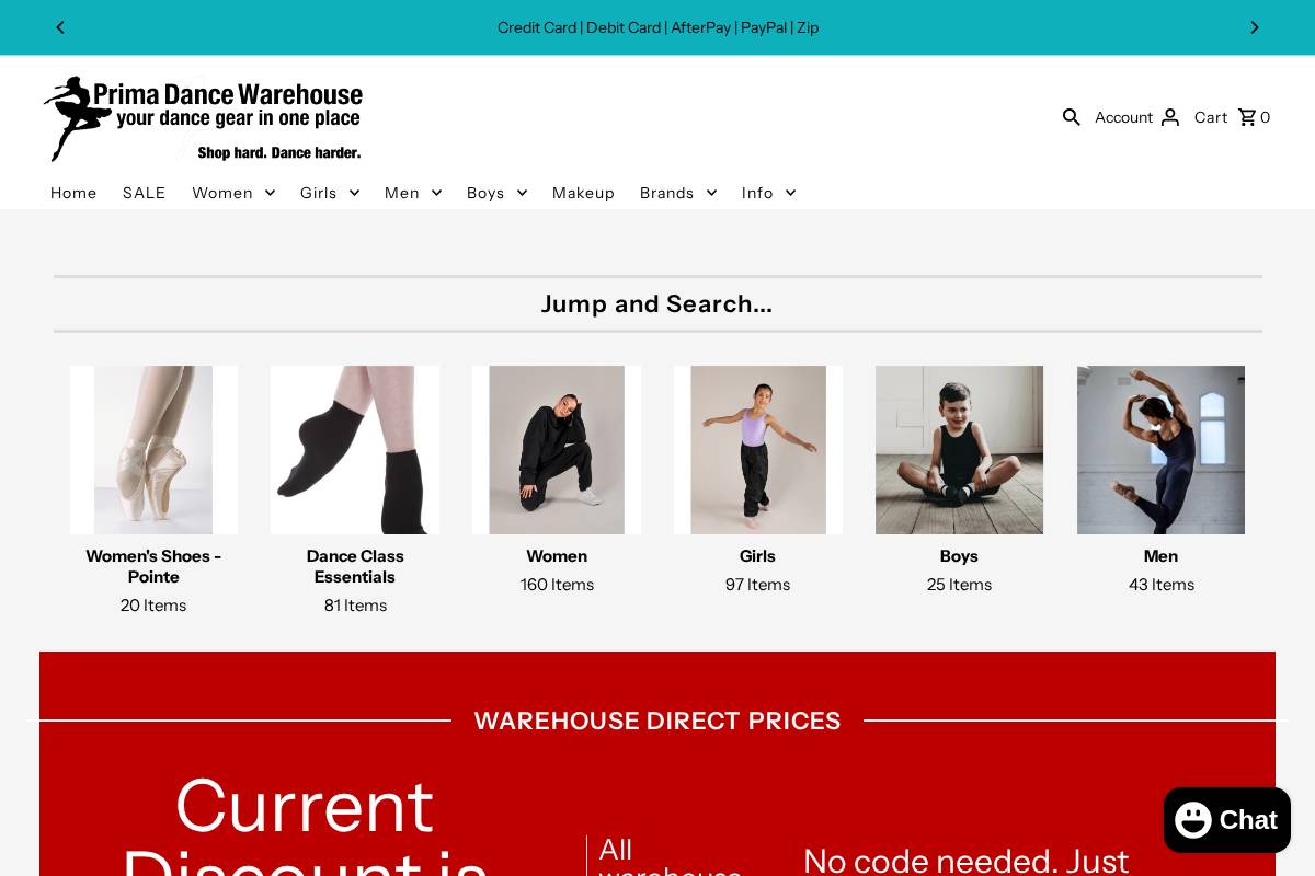 primadancewarehouse.com.au homepage screenshot