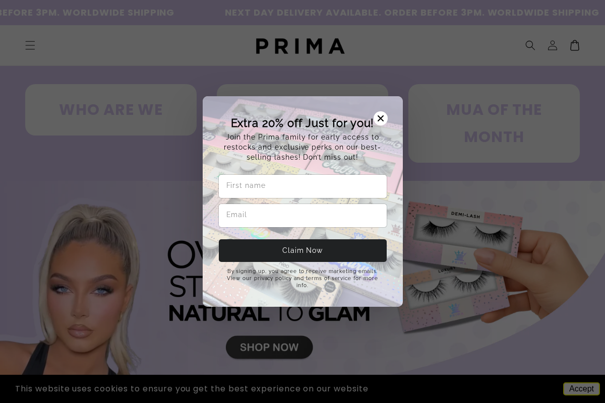 PrimaLash homepage screenshot