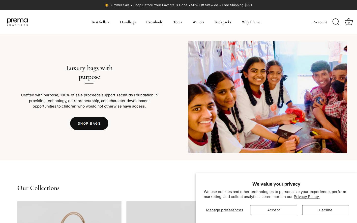 primaleathers.com homepage screenshot