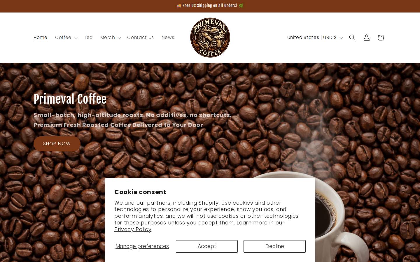 primevalcoffee.com homepage screenshot