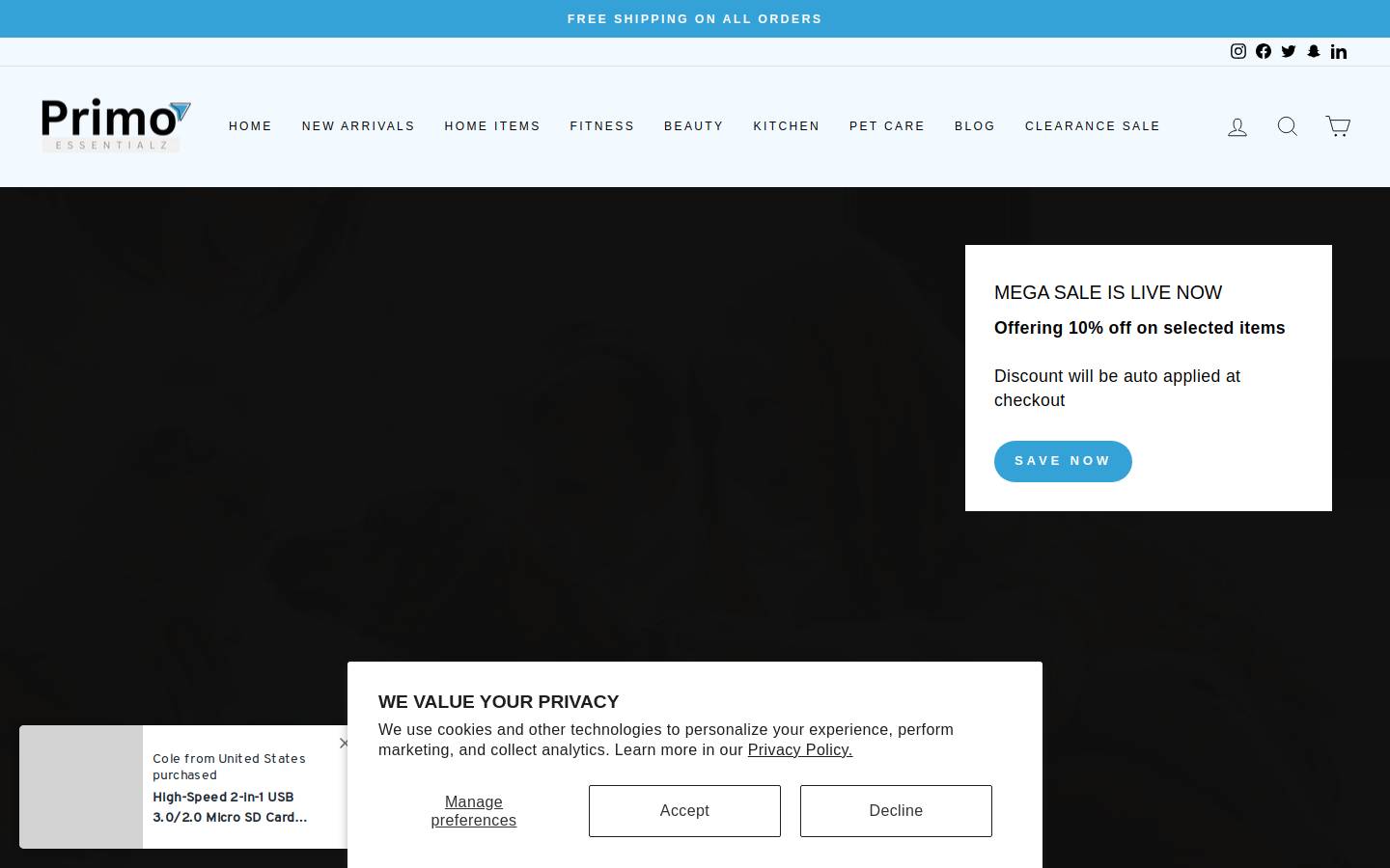 primoessentialz.com homepage screenshot