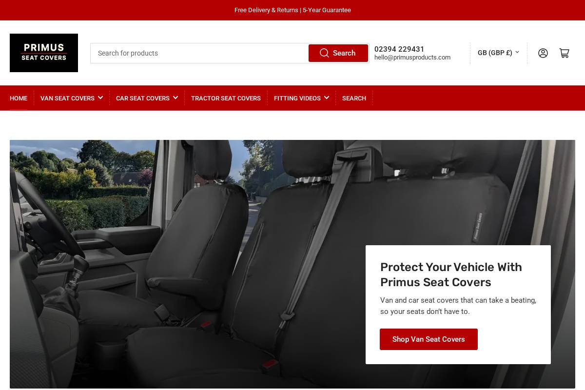 Primus Seat Covers homepage screenshot