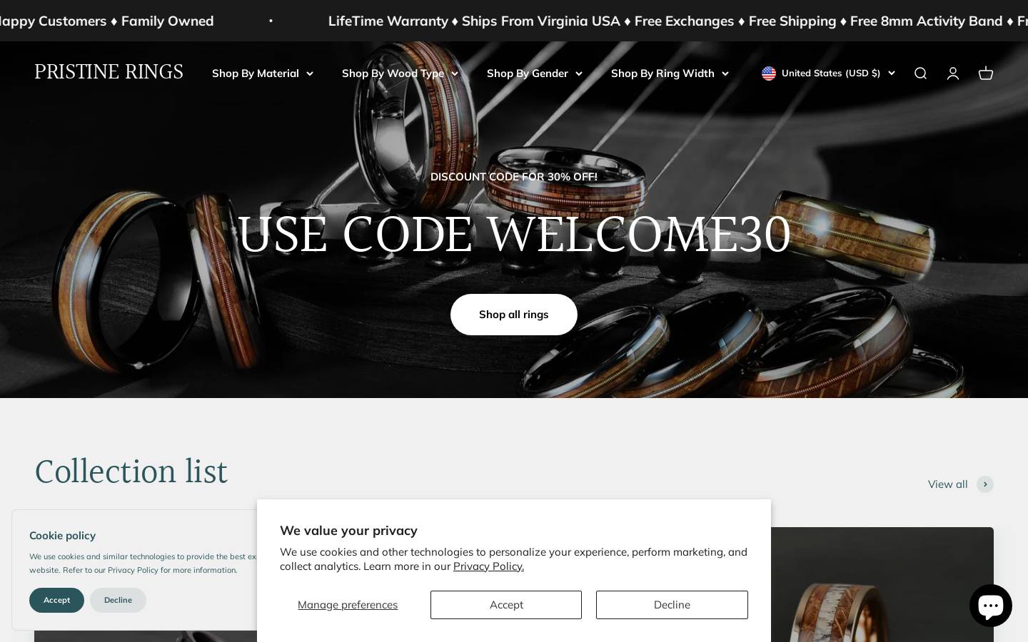 pristinerings.com homepage screenshot