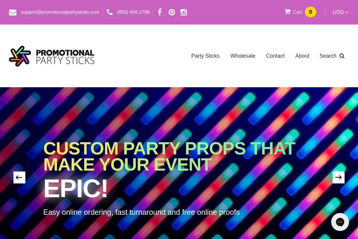 promotionalpartysticks.com homepage screenshot
