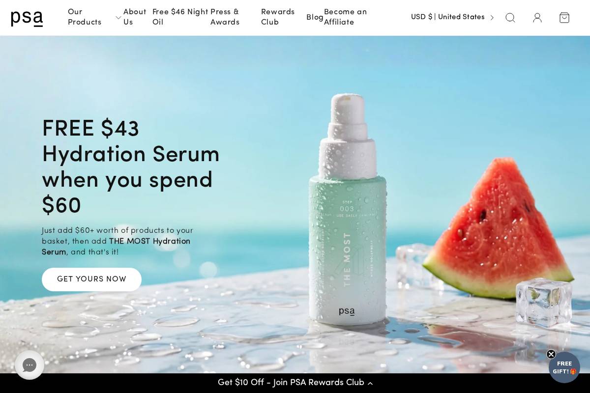 PSA Skincare  homepage screenshot
