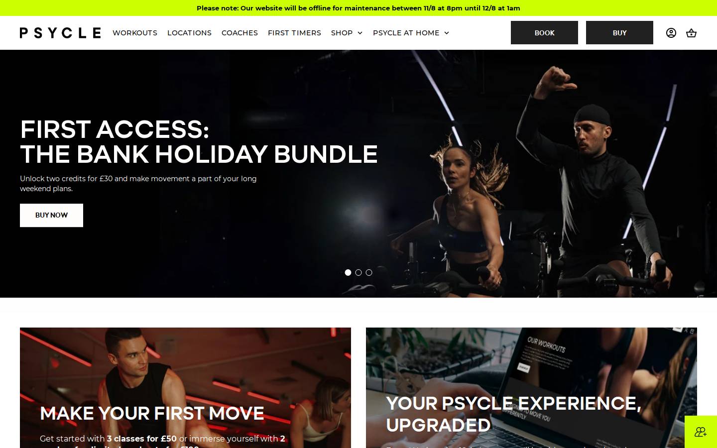 Psycle London homepage screenshot