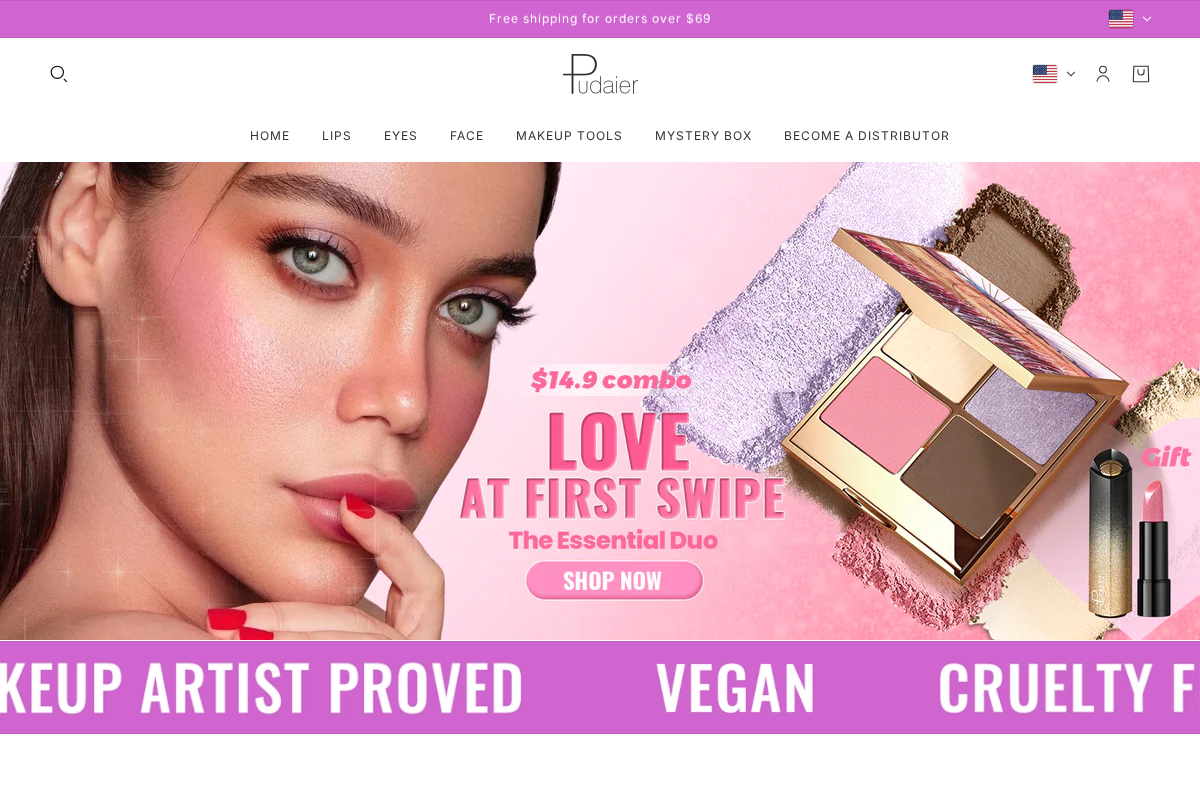 Pudaier Cosmetics homepage screenshot