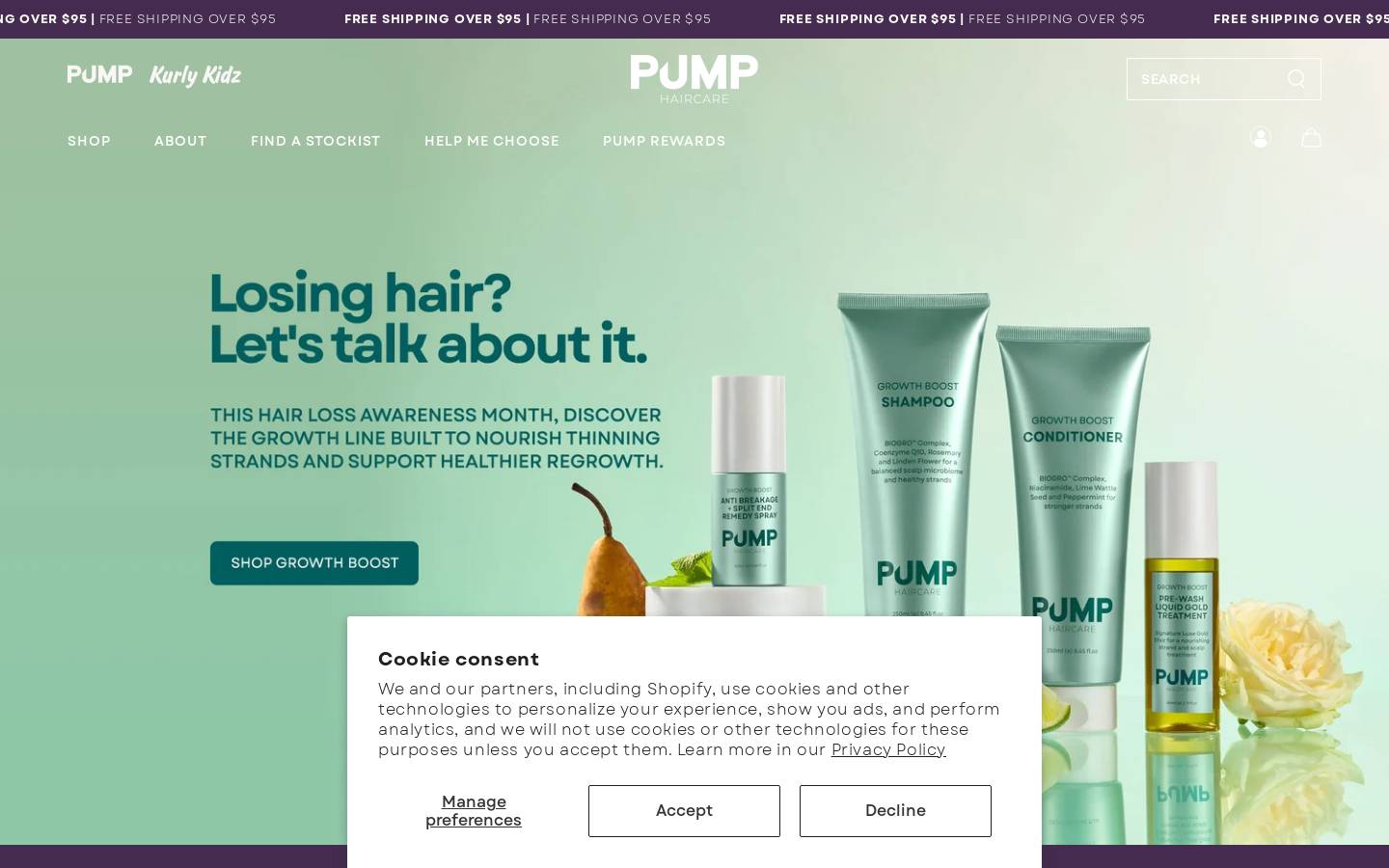 Pump Hair Products homepage screenshot