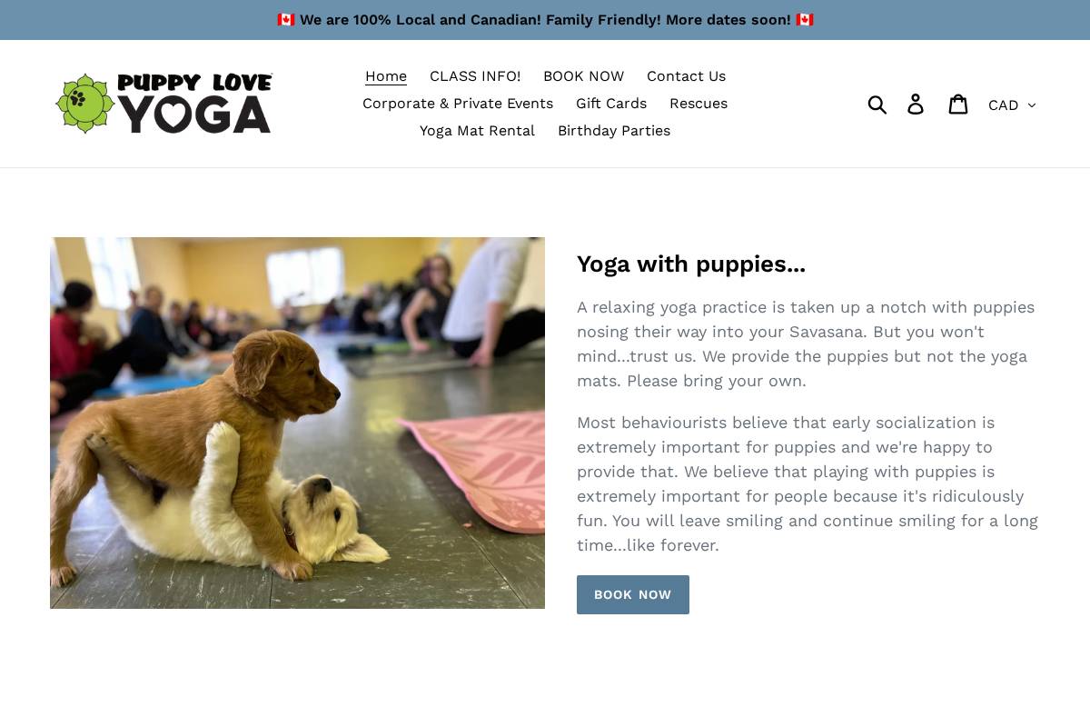 puppyloveyoga.com homepage screenshot