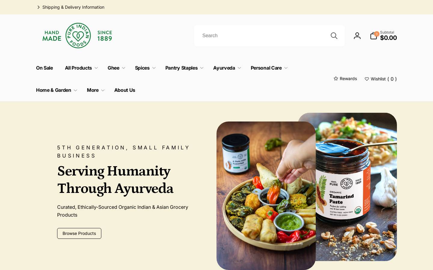 Pure Indian Foods homepage screenshot