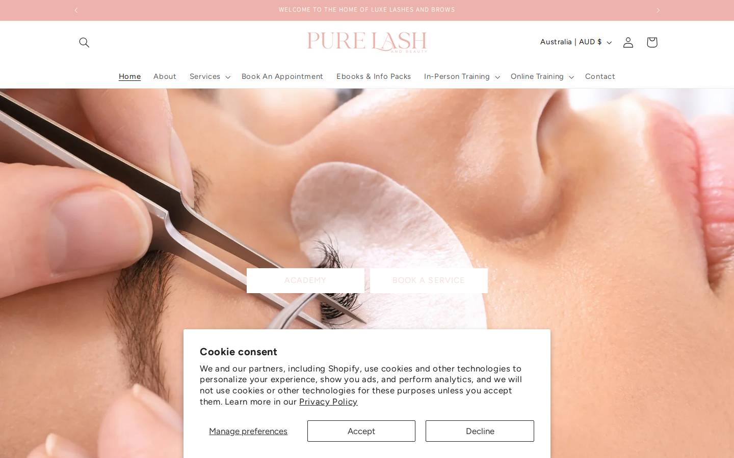 purelashbeauty.com homepage screenshot