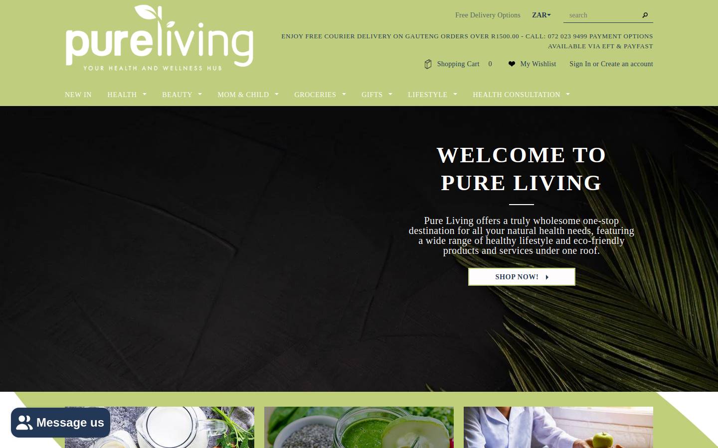 pureliving.co.za homepage screenshot