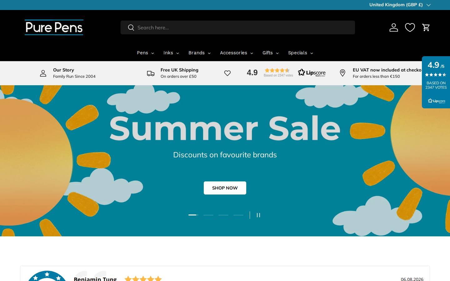 Pure Pens homepage screenshot
